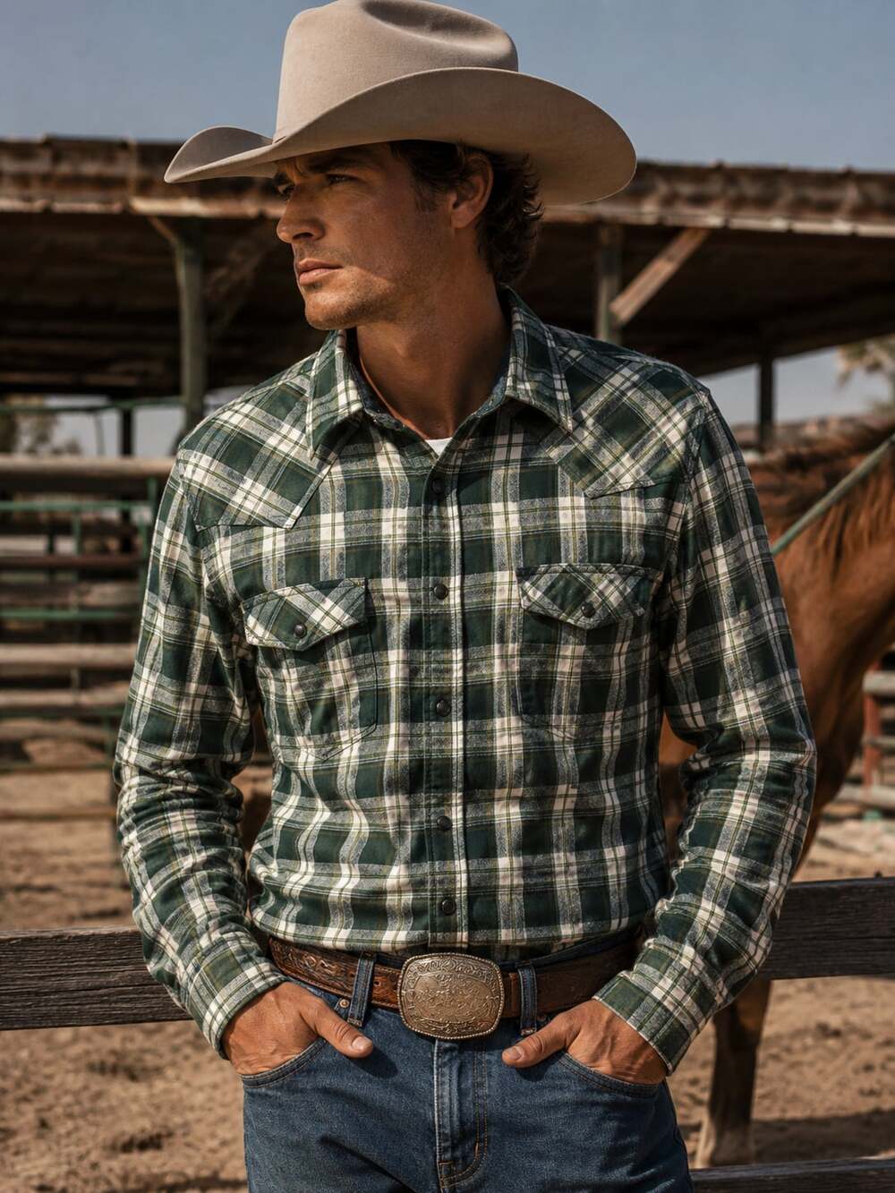 Cody James Men’s L Green Plaid Western Flannel Pearl Snap Cowboy Shirt
